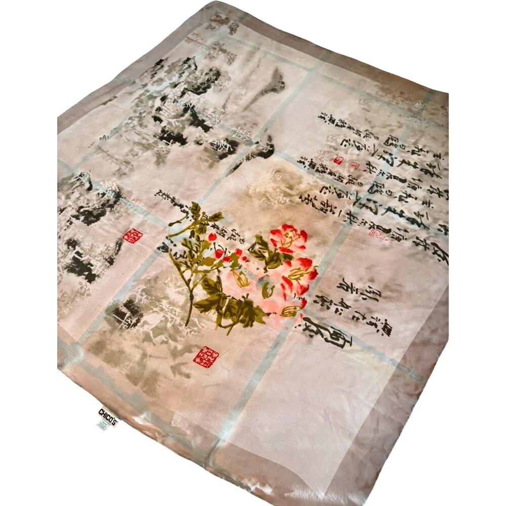 Vintage 1990s Asian Watercolor Calligraphy Silk Chiffon Scarf 40x42 - Picture 8 of 14